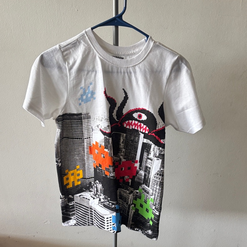 Kids White Tee with Pixel Monster & Multicolor Blocks